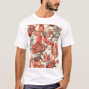 Retro stijl rode rozen patroon t-shirt