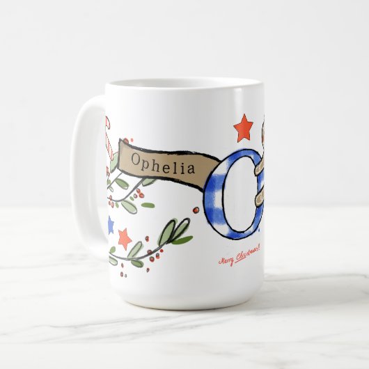 Retro stijl Schattigee kerst monogram O met naam Koffiemok (Voorkant links)