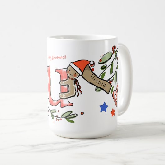 Retro stijl Schattigee kerst monogram U met naam Koffiemok (Voorkant rechts)