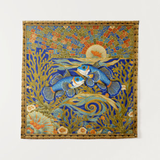 Retro Stijl Tapijt Blauwe Mandarijnvis Wandkleed