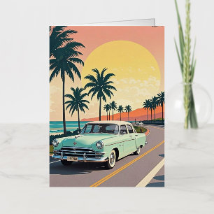 Retro-stijl vintage auto op een kustweg folie wenskaart