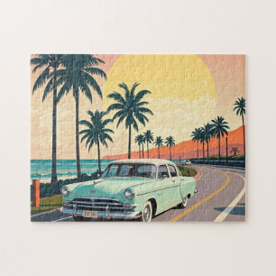 Retro-stijl vintage auto op een kustweg legpuzzel