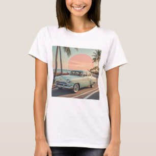 Retro-stijl vintage auto op een kustweg t-shirt