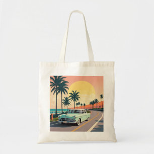 Retro-stijl vintage auto op een kustweg tote bag