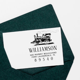 Retro stoomtrein familienaam retouradres 	rubberstempel