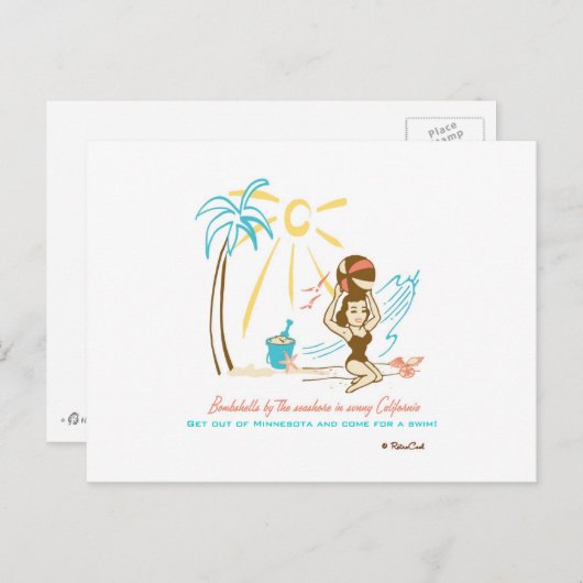 Retro 'Strand Bombshell Briefkaart (Voorkant / Achterkant)