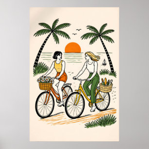 Retro strand fiets koppel poster, zomer kust poster