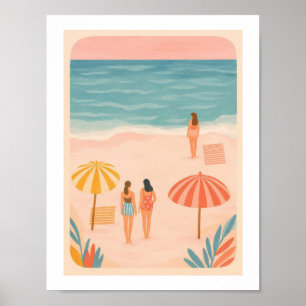 Retro strandmeisjes zonnebaden paraplu's vintage poster
