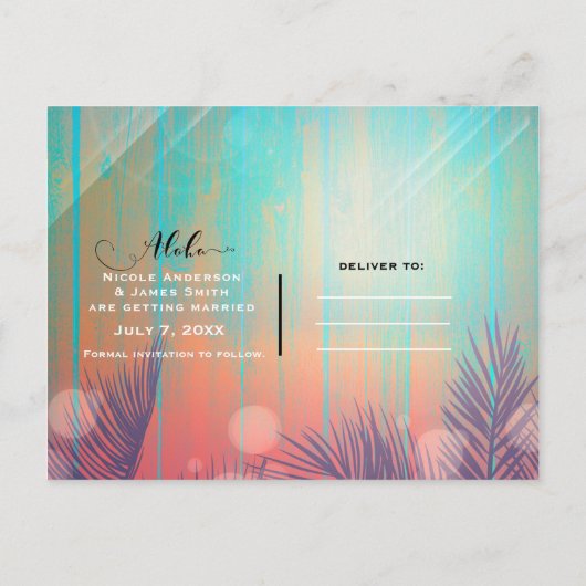 Retro STRANDPARTIJ Zonnige Palmboom Bewaar de Datu Aankondigingskaart (Achterkant)