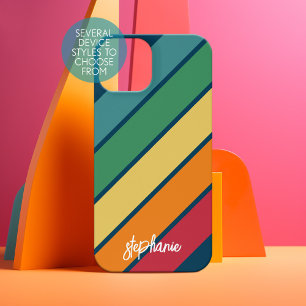 Retro streeppatroon regenboog - Script Naam iPhone 15 Hoesje