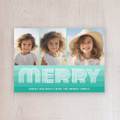 Retro Strepen in Aquamarijn Blauw - Merry 3 Foto Feestdagenkaart