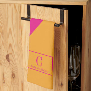 Retro Strepen Monogram Vet Sinaasappel Roze Theedoek