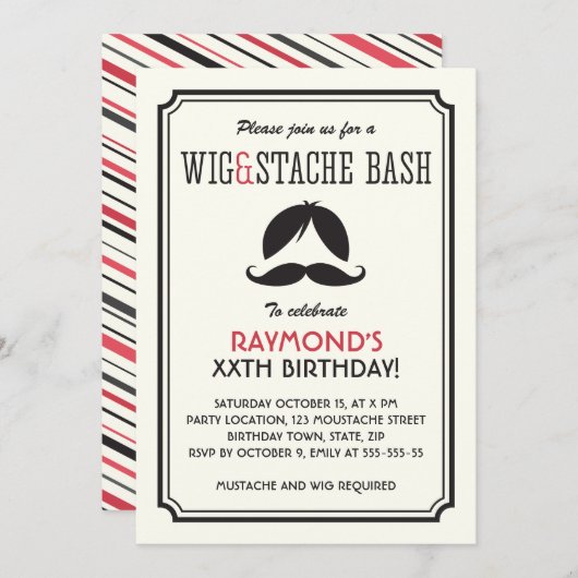 Retro strepen pruik en mustache bash verjaardagsfe kaart (Voorkant / Achterkant)