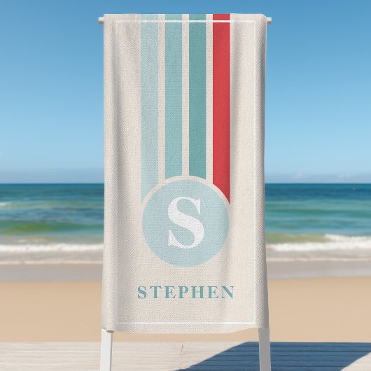 Retro Strepen Rood En Blauw Monogram Naam Strandlaken