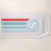 Retro Strepen Rood En Blauw Monogram Naam Strandlaken (Voorkant)