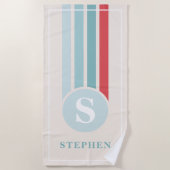 Retro Strepen Rood En Blauw Monogram Naam Strandlaken (Voorkant)