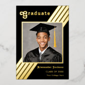 Retro Stripe Afstuderen Foto Zwart en Goud Folie Uitnodiging (Voorkant)