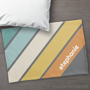 Retro Stripe - blauwgroen en goud - met naam monog Kussensloop