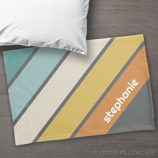Retro Stripe - blauwgroen en goud - met naam monog Kussensloop