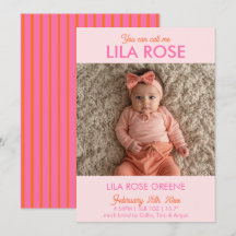 Retro Stripe Photo Birth Announcement Card