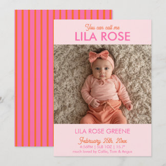 Retro Stripe Photo Birth Announcement Card Kaart