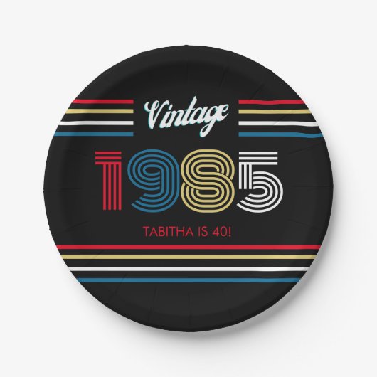 Retro Stripe Primaire Kleuren 1985 Papieren Bordje (Voorkant)