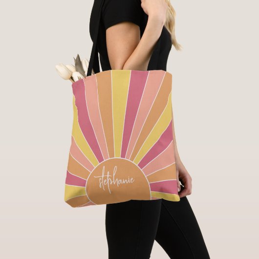 Retro stripe sunrise - pastelregenboogscriptnaam draagtas (Dichtbij)