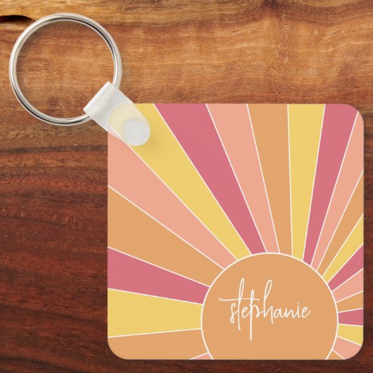 Retro stripe sunrise - pastelregenboogscriptnaam sleutelhanger (Voorkant)