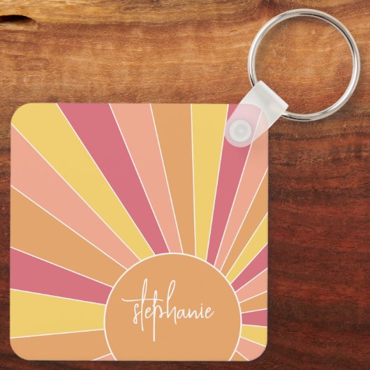Retro stripe sunrise - pastelregenboogscriptnaam sleutelhanger (Achterkant)