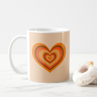 Retro Striped Heart Mug - Orange on Beige Koffiemok