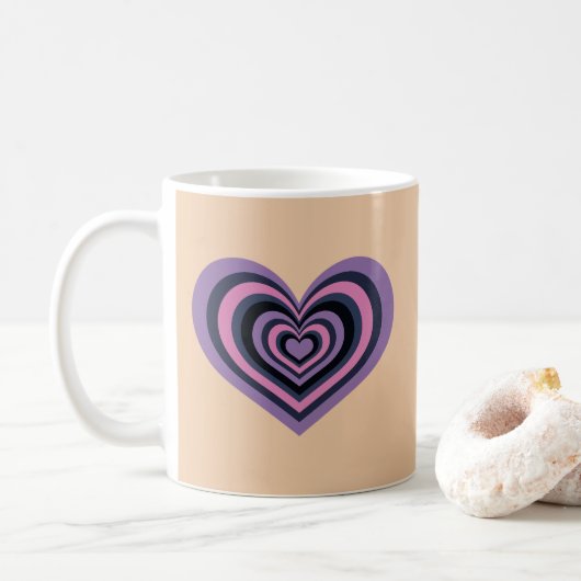 Retro Striped Heart Mug - Purple on Beige (Avec donut)