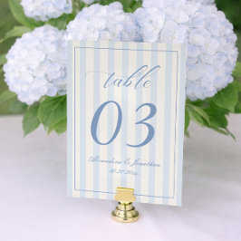 Retro Striped White and Blue Wedding Table Number Kaart