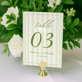Retro Striped White and Green Wedding Table Number Kaart