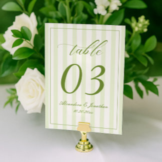 Retro Striped White and Green Wedding Table Number Kaart
