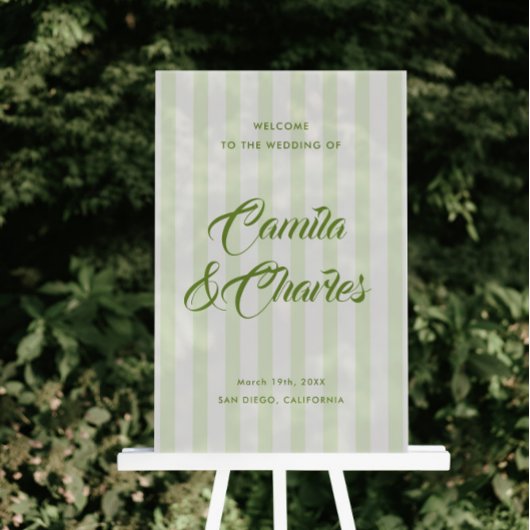 Retro Striped White and Green Wedding Welcome 