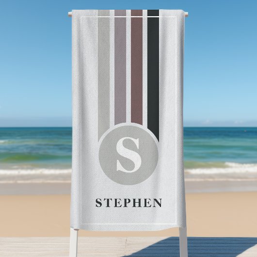 Retro Stripes Grey Taupe Monogram Naam Strandlaken
