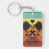 Retro Stripes I Heart Pickleball Aangepaste naam Sleutelhanger (Voorkant)