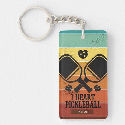 Retro Stripes I Heart Pickleball Aangepaste naam Sleutelhanger (Voorkant)
