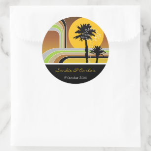 Retro Stripes Zonsondergang Tropische Palmbomen Br Ronde Sticker