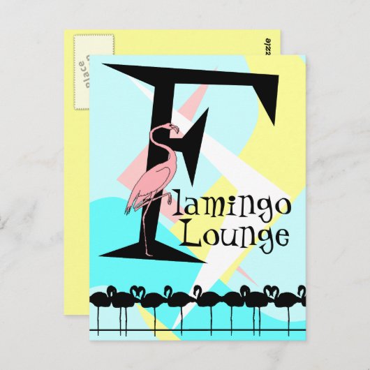 Retro Style Flamant rose Lounge Carte postale aqua (Devant / Derrière)