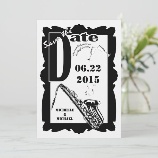 Retro Style Jazz Save the Date Black White 2 Kaart (Staand voorkant)