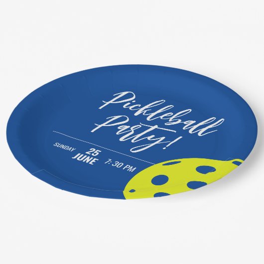 Retro Style Neon Blauw Theme Pickleball Verjaardag Papieren Bordje (Gekanteld)