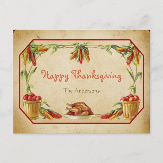 Retro Stylish Corn Apple Turkey Happy Thanksgiving Feestdagenkaart (Voorkant)