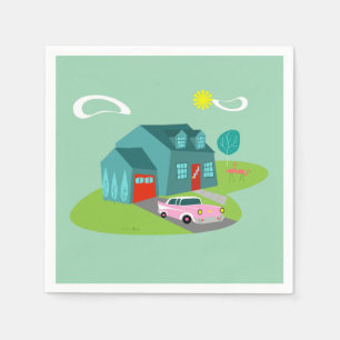 Retro Suburban House Paper Napkins Servet