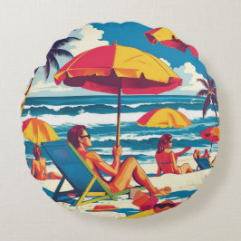 Retro Summer Beach Scene Throw Pillow  Rond Kussen