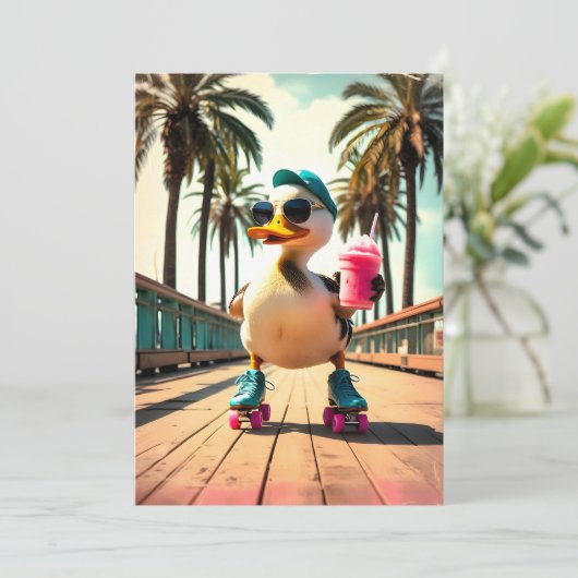 Retro Summer Funny Roller Duck  Feestdagenkaart (Staand voorkant)