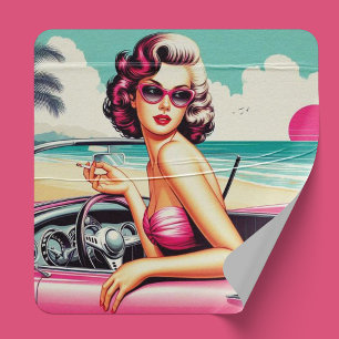 Retro Summer Girl Vierkante Sticker