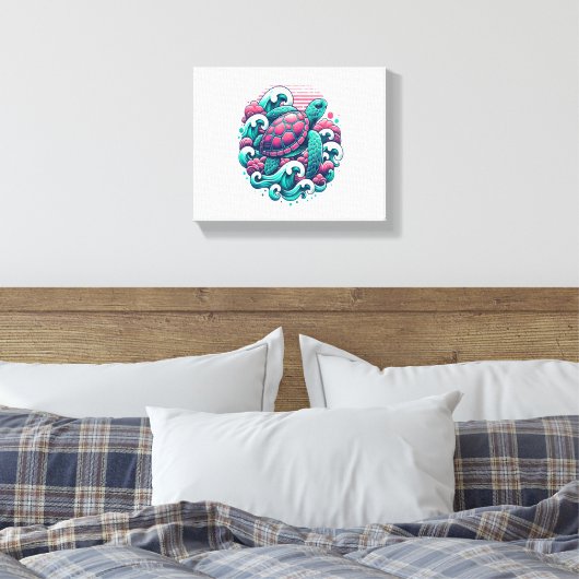 Retro Summer Ocean Wave Turtle Canvas Afdruk (Insitu (Slaapkamer))