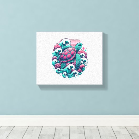 Retro Summer Ocean Wave Turtle Canvas Afdruk (Insitu (Houten vloer))