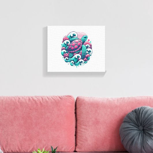 Retro Summer Ocean Wave Turtle Canvas Afdruk (Insitu (Woonkamer))